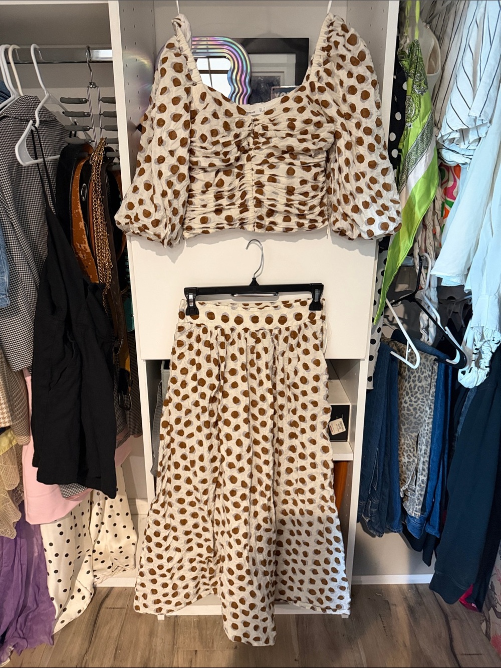 MNG Mango Polka Dot Balloon Sleeve Crop Top & Midi Skirt Set | XS | Cottagecore